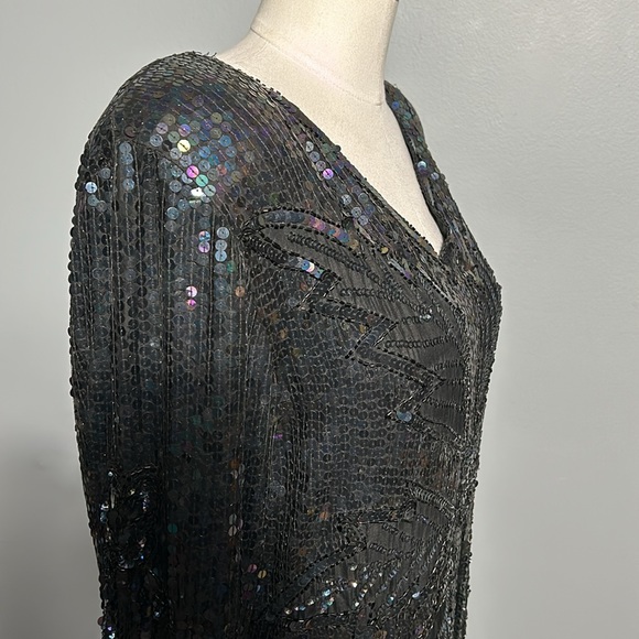 Vintage Silk Sequeen Black Midi Dress with Silk Lining w Slit Made in India M- L - Picture 7 of 17